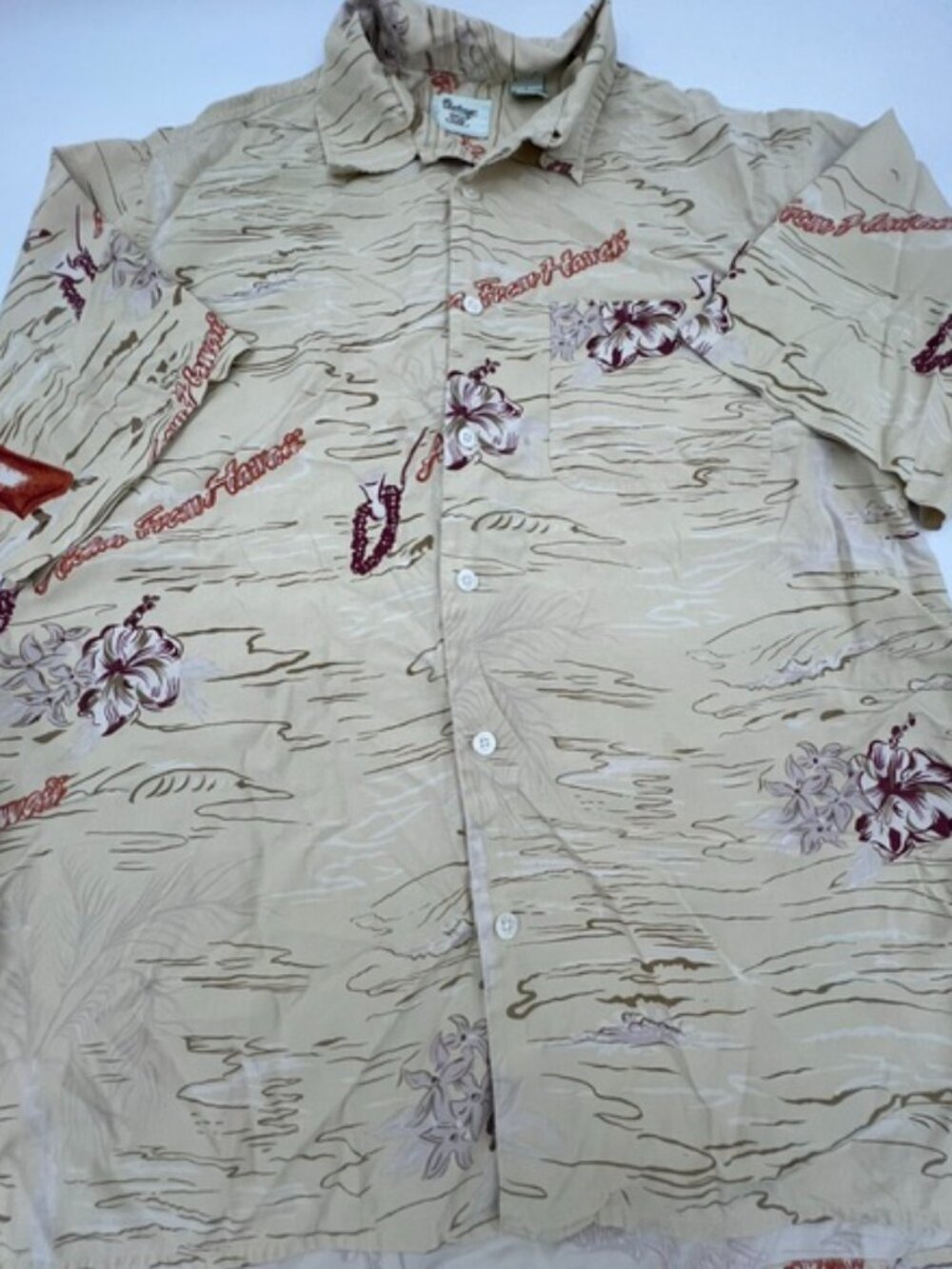 Vintage Silk Brand Hawaiian Aloha Shirt Men's Large Beige Scenic Beach 100% Silk